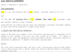 Hợp đồng Dịch vụ (hạng Vàng) này thực chất là Hợp đồng mà Bên bán Hàng hóa sau khi cung cấp một số lượng lớn Hàng Hóa (là xe tải hạng nặng), cho một khách hàng lớn, đã ký tiếp Hợp đồng cung cấp dịch vụ bảo dưỡng, sửa chữa, xử lý sự cố cho toàn bộ các xe tải đó, ngay tại dự án của khách hàng, nơi họ dùng toàn bộ các xe này cho mục đích vận chuyển quặng từ nơi khai thác đến điểm thu gom