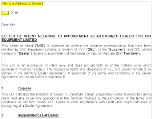 Letter of Intent là một tài liệu thể hiện thỏa thuận về một hoặc nhiều vấn đề nào đó giữa hai hoặc nhiều bên trong một giao dịch, trước khi Hợp đồng chính thức (Agreement) được thống nhất và ký kết. Tên tiếng Việt của tài liệu này hiện được dịch với các tên khác nhau, như: Thư diễn tả ý định, Thư tỏ ý, Thư ý hướng, Thỏa ước Hợp đồng... tải mẫu hợp đồng