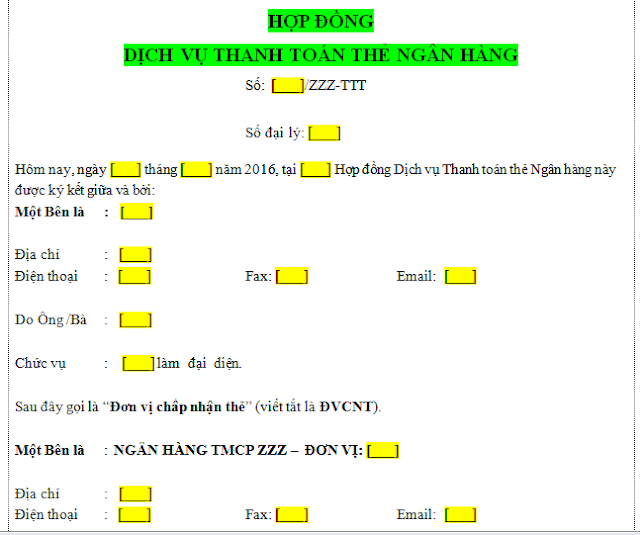 Tiếp theo các bài viết về một số loại Hợp đồng, chúng tôi chia sẻ Mẫu Hợp đồng dịch vụ thanh toán thẻ ngân hàng, đáp ứng đề nghị của một số Bạn đọc đã liên hệ với chúng tôi.
