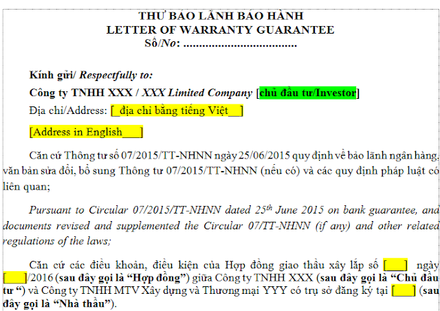 Bảo lãnh bảo hành là việc Ngân hàng - thông qua việc ban hành Thư bảo lãnh, bảo đảm việc thực hiện đúng và đầy đủ các nghĩa vụ liên quan đến "Chất lượng sản phẩm" hoặc/và "Nghĩa vụ bảo hành" của Doanh nghiệp (thường là Nhà thầu/Bên cung cấp dịch vụ/Bán hàng hóa) theo hợp đồng đã ký kết với Bên nhận bảo lãnh (Chủ đầu tư, Bên mua, bên sử dụng dịch vụ). Thư bảo lãnh bảo hành thường được Chủ đầu tư, Bên mua, bên sử dụng dịch vụ yêu cầu Nhà thầu, Bên bán, bên cung cấp dịch vụ phải làm việc với Ngân hàng để phát hành, thay cho việc Chủ đầu tư, Bên mua, bên sử dụng dịch vụ giữ lại một khoản tiền của Giá trị Hợp đồng để đảm bảo phần nào nghĩa vụ bảo lãnh/khắc phục các sai sót hoặc thiệt hại liên quan đến chất lượng sản phẩm, dịch vụ được Nhà thầu, Bên bán, bên cung cấp dịch vụ thực hiện. Thông thường mức giữ lại để đảm bảo cho nghĩa vụ này chiếm khoảng 5% Giá trị Hợp đồng.